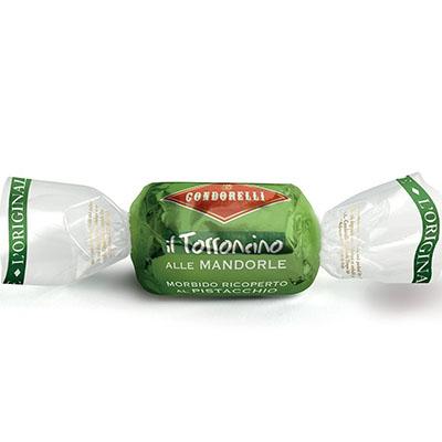 TORRONCINO MANDORLA E PISTACCHIO CON RICOPERTURA AL PISTACCHIO(25%) SENZA GLUTINE