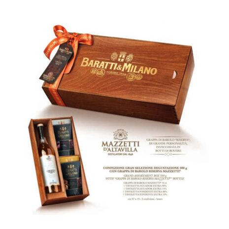 Confezione Scrigno Degustazione Grappa Mazzetti 300gr e Cioccolato Baratti & Milano
