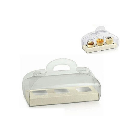 Scatole trasparenti per pasticceria TORTINA mm.185x60x80 con fondo 3 posti bianco