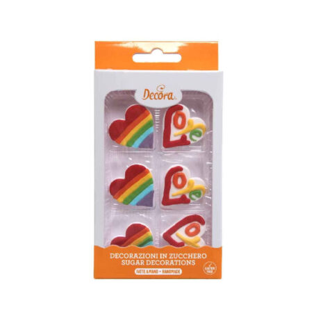6 DECORAZIONI CUORI RAINBOW IN ZUCCHERO DECORA