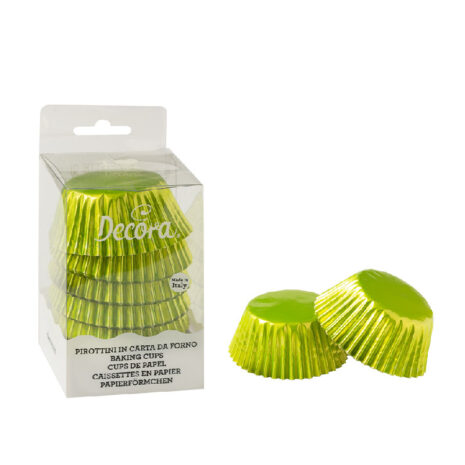Decora, 0339786 Confezione da 60 Pirottini Lime Metallic da 50 X 32 mm, per Cuocere, Presentare e Regalare Muffin e Dolcetti, Resistono fino a 180°C, In comodo Blister, Made in Italy