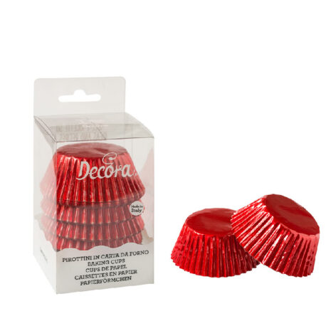 Decora, 0339798 Confezione da 60 Pirottini Rosso Metallic da 50 X 32 mm, per Cuocere, Presentare e Regalare Muffin e Dolcetti, Resistono fino a 180°C, In comodo Blister, Made in Italy