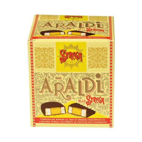 Araldi allo Strega Alberti – Torrone farcito al pan di Spagna e Liquore Strega Sacchetto Confezione da 250 g ricoperto di cioccolato fondente