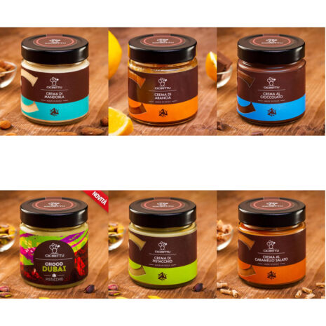 Creme Spalmabili Artigianali Siciliane CICIRITTO – Pistacchio, Mandorla, Cioccolato, Arancia e Caramello Salato 200g